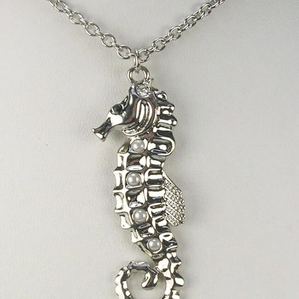 Nolan Miller Seahorse Necklace Faux Pearl Silver Tone 16